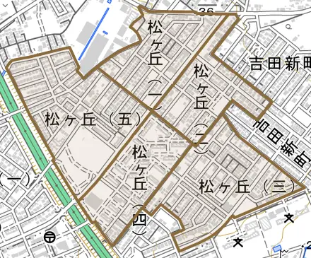 松ヶ丘とその周辺の地図。町の範囲を重ねている