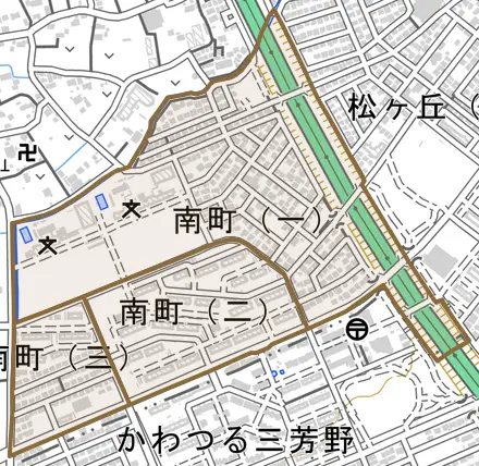 南町とその周辺の地図。町の範囲を重ねている