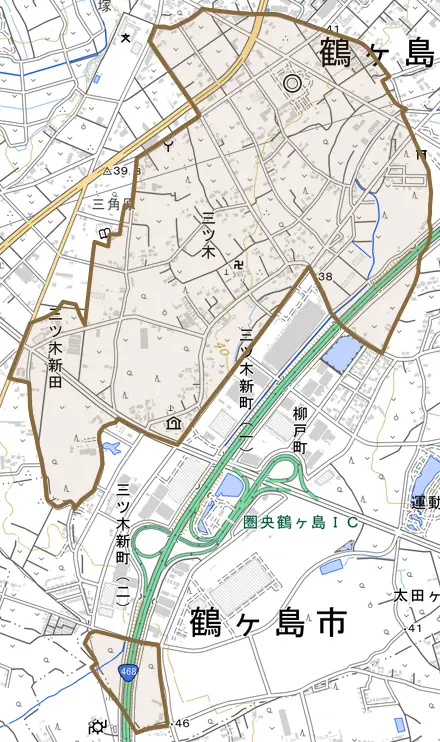 大字三ツ木とその周辺の地図。町の範囲を重ねている