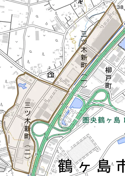 三ツ木新町とその周辺の地図。町の範囲を重ねている