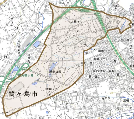 大字太田ヶ谷とその周辺の地図。町の範囲を重ねている