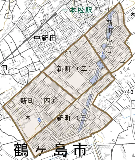 新町とその周辺の地図。町の範囲を重ねている
