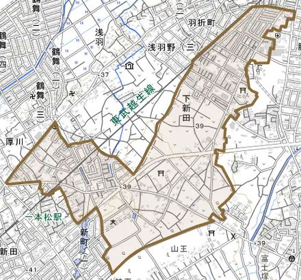 大字下新田とその周辺の地図。町の範囲を重ねている