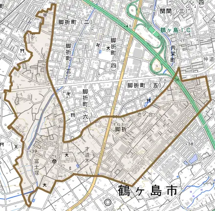 大字脚折とその周辺の地図。町の範囲を重ねている