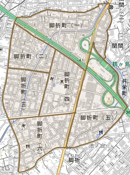 脚折町とその周辺の地図。町の範囲を重ねている
