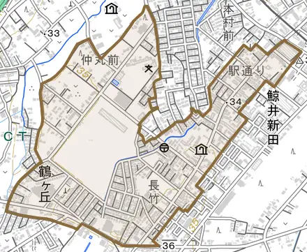 大字鶴ヶ丘とその周辺の地図。町の範囲を重ねている