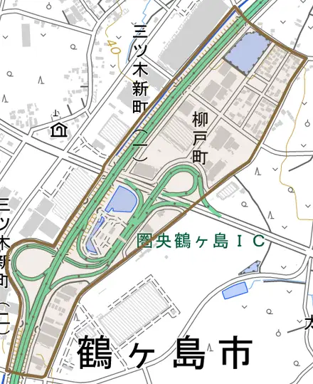 柳戸町とその周辺の地図。町の範囲を重ねている