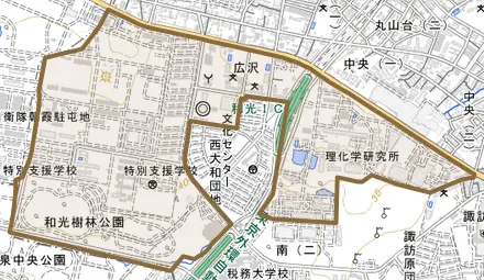 広沢とその周辺の地図。町の範囲を重ねている