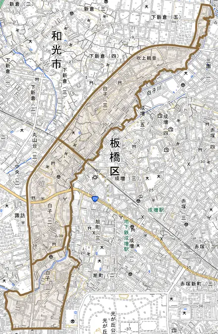 白子とその周辺の地図。町の範囲を重ねている