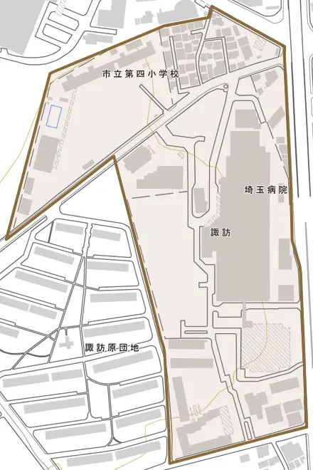 諏訪とその周辺の地図。町の範囲を重ねている
