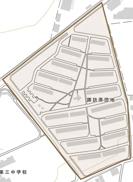 諏訪原団地とその周辺の地図。町の範囲を重ねている