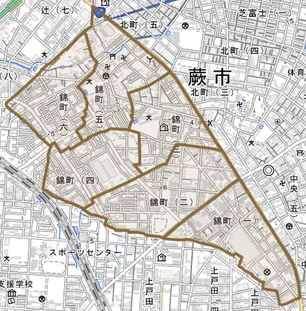錦町とその周辺の地図。町の範囲を重ねている