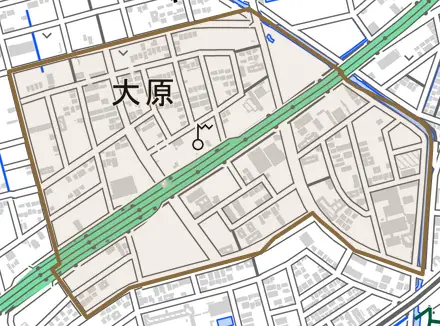 大字大原とその周辺の地図。町の範囲を重ねている