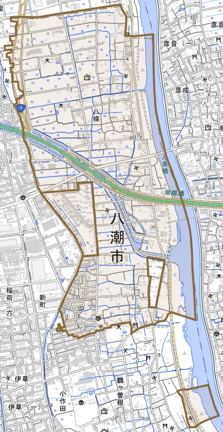 大字八條とその周辺の地図。町の範囲を重ねている