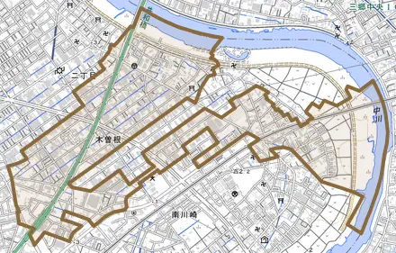 大字木曽根とその周辺の地図。町の範囲を重ねている