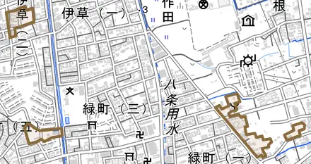 大字小作田とその周辺の地図。町の範囲を重ねている
