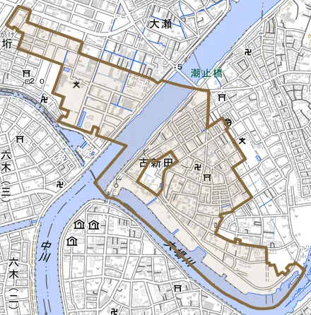 大字古新田とその周辺の地図。町の範囲を重ねている
