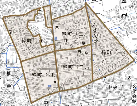 緑町とその周辺の地図。町の範囲を重ねている