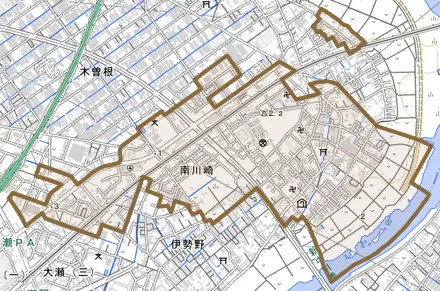 大字南川崎とその周辺の地図。町の範囲を重ねている