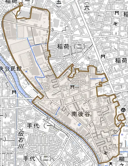 大字南後谷とその周辺の地図。町の範囲を重ねている