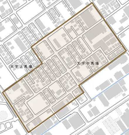 大字中馬場とその周辺の地図。町の範囲を重ねている