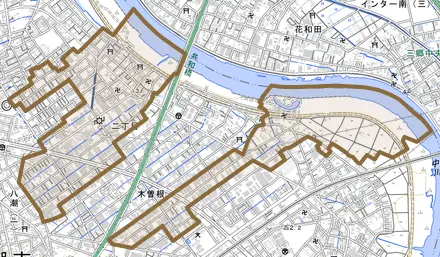 大字二丁目とその周辺の地図。町の範囲を重ねている