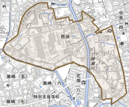 大字西袋とその周辺の地図。町の範囲を重ねている