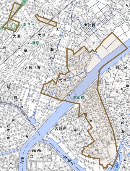 大字大瀬とその周辺の地図。町の範囲を重ねている