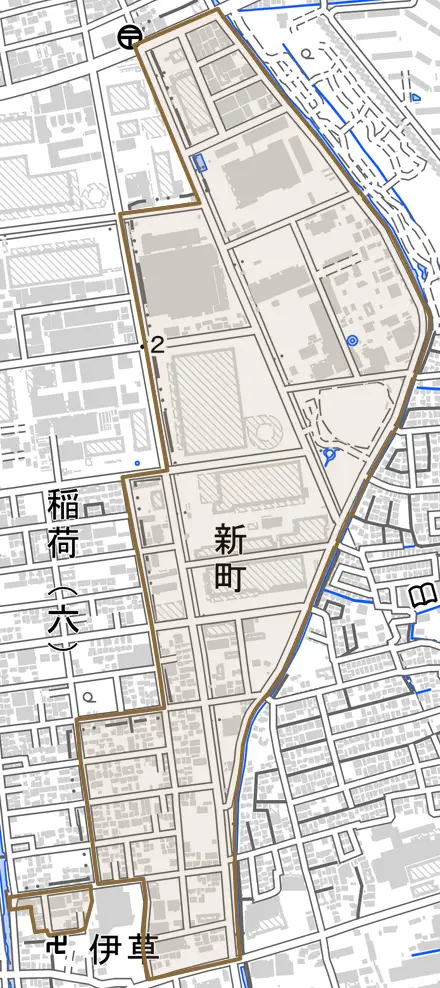 大字新町とその周辺の地図。町の範囲を重ねている