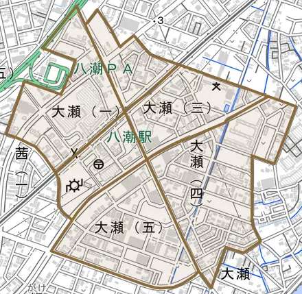 大瀬とその周辺の地図。町の範囲を重ねている