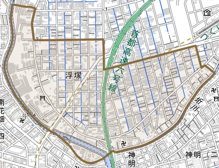 大字浮塚とその周辺の地図。町の範囲を重ねている