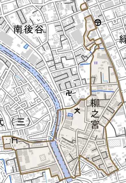 大字柳之宮とその周辺の地図。町の範囲を重ねている