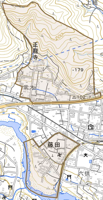 大字藤田とその周辺の地図。町の範囲を重ねている