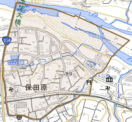 大字保田原とその周辺の地図。町の範囲を重ねている