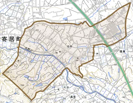 大字今市とその周辺の地図。町の範囲を重ねている