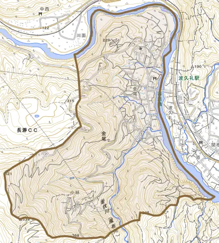 大字金尾とその周辺の地図。町の範囲を重ねている