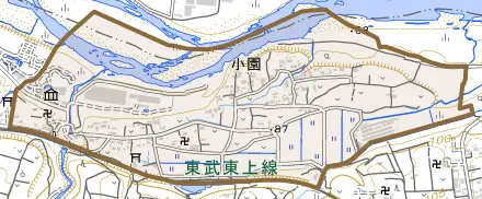 大字小園とその周辺の地図。町の範囲を重ねている