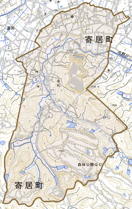 大字牟礼とその周辺の地図。町の範囲を重ねている