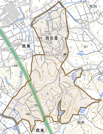 大字西古里とその周辺の地図。町の範囲を重ねている