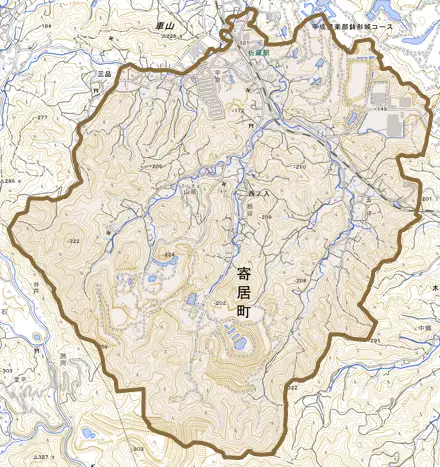 大字西ノ入とその周辺の地図。町の範囲を重ねている