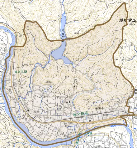 大字末野とその周辺の地図。町の範囲を重ねている