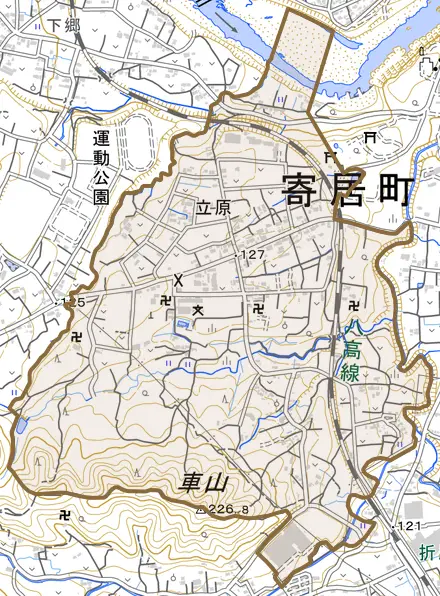大字立原とその周辺の地図。町の範囲を重ねている