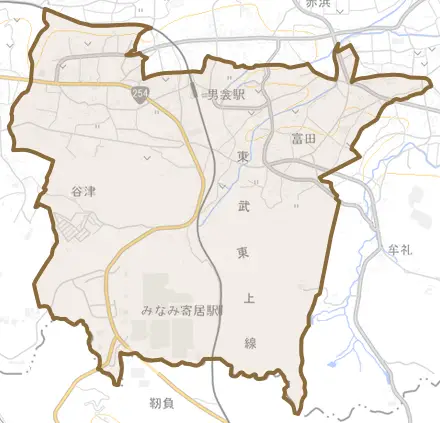 大字富田とその周辺の地図。町の範囲を重ねている