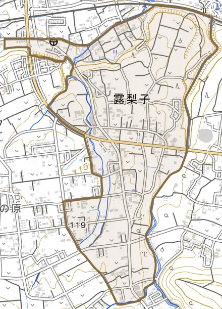 大字露梨子とその周辺の地図。町の範囲を重ねている