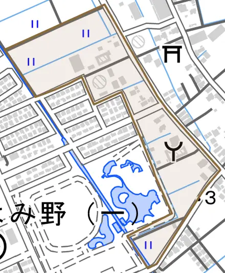 大字会野谷とその周辺の地図。町の範囲を重ねている