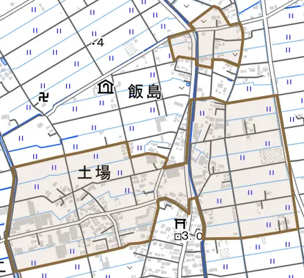大字土場とその周辺の地図。町の範囲を重ねている