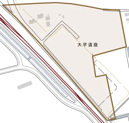 大字道庭とその周辺の地図。町の範囲を重ねている