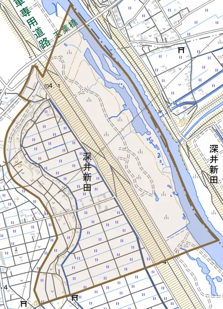 大字深井新田とその周辺の地図。町の範囲を重ねている
