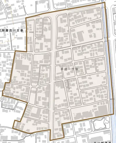 平沼とその周辺の地図。町の範囲を重ねている