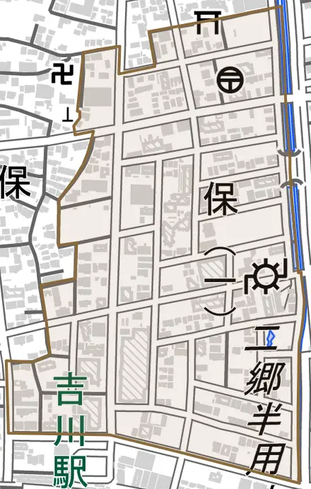 保とその周辺の地図。町の範囲を重ねている